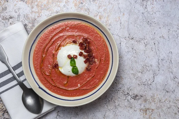 Ensalada Burrata Italiana Casera Con Sopa Albahaca Tomate Concepto Comida — Foto de Stock