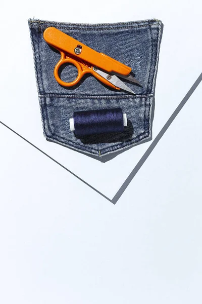 Handicraft Clothing Repair Ripped Blue Jeans Sewing Accessories Colorful Background — Stock Photo, Image