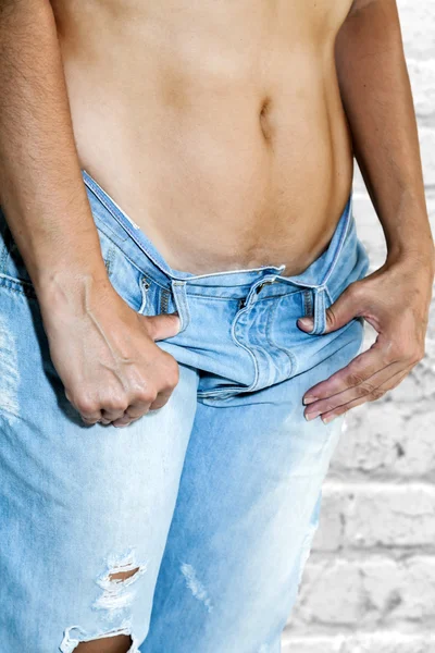 Woman with jeans topless — Stock Photo, Image