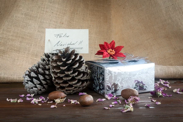 Décoration de Noël sur bois et sac en tissu — Photo