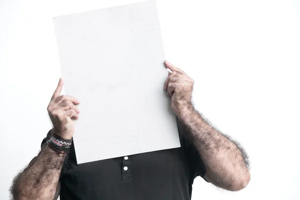 Человек жестом с доской изолированы на белом фоне — стоковое фото