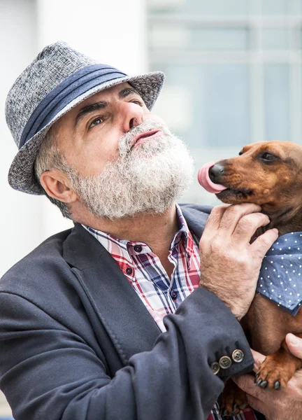 Привлекательный старик с бородой и шляпой и собачьей повязкой. — стоковое фото
