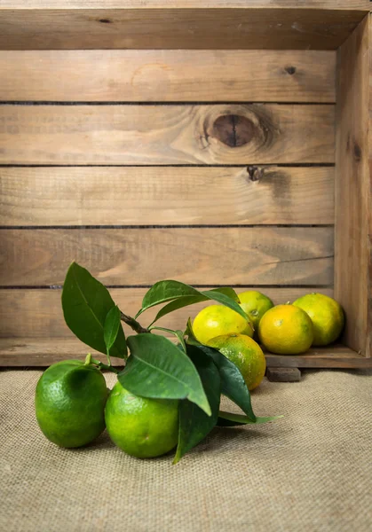 Reife süße Zitrone und Mandarine mit Blättern auf Holzbrett — Stockfoto