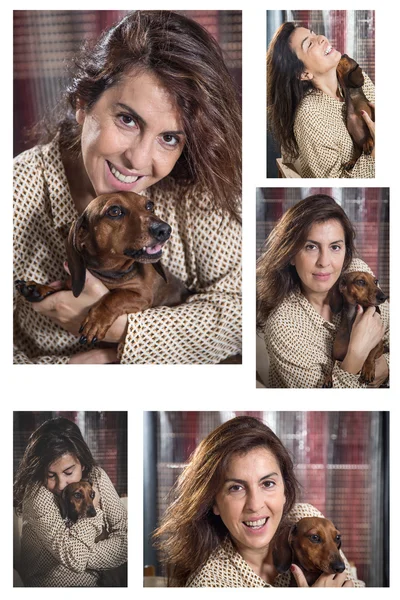 Collage Attractive woman playing with dog — Stock Photo, Image