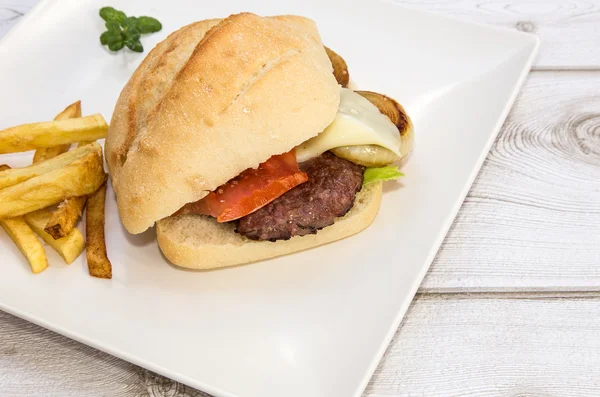 Burger with cheese, tomato, lettuce and chips — Stock Photo, Image