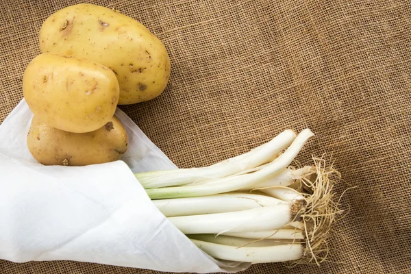 Patatas y puerros con servilleta blanca — Foto de Stock