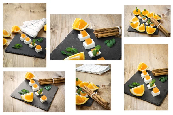 Snack cheese with quince and fresh oranges — Stock Photo, Image