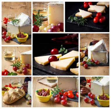 Collage to Typical Spanish cheese with wine, grapes and cherry t clipart