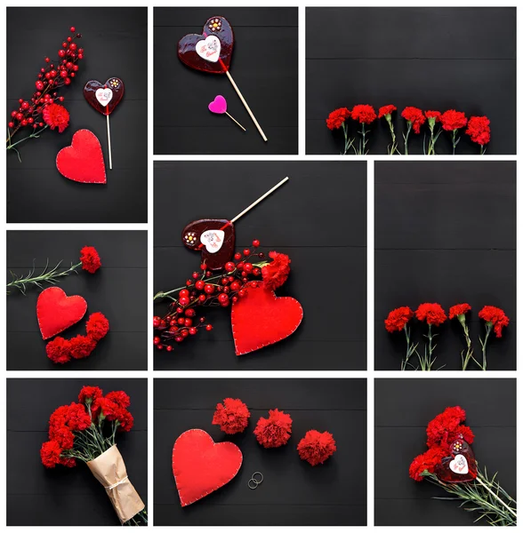 Still life of red heart, carnations and stick candy — Stock Photo, Image