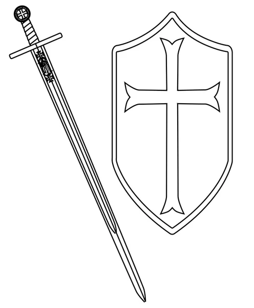 Esquema de espada y escudo de los cruzados — Vector de stock