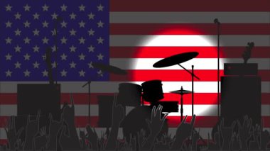 Sahne ışıkları bir rock grubu teçhizatında bir ileri bir geri hareket ediyor. Amerika Birleşik Devletleri Stars ve Stripes bayrağının arka planında.