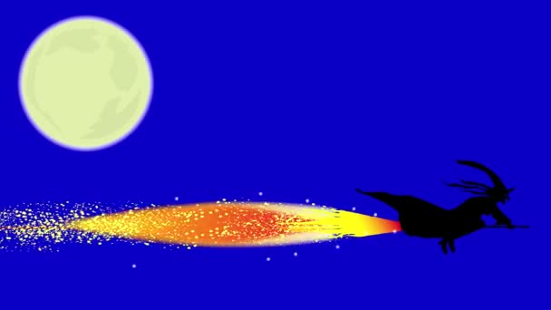 Летюча Відьма Мітлах Полум Іскорками Стріляють Ззаду Над Блакитним Фоном — стокове відео