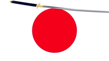 Bir çift samuray kılıcı Japon kırmızı bayrağından geçiyor ve gerekirse ilmek atıyor.