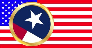 Yuvarlak düğmedeki Teksas bayrağı Amerikan bayrağı üzerinde dalgalanıyor.