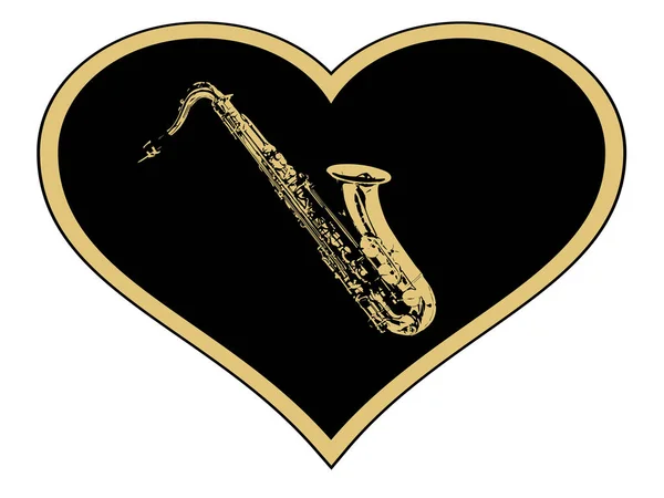 Muzyczny Saksofon Złocie Czarnym Wgłębieniu Odizolowane Złote Serce — Wektor stockowy
