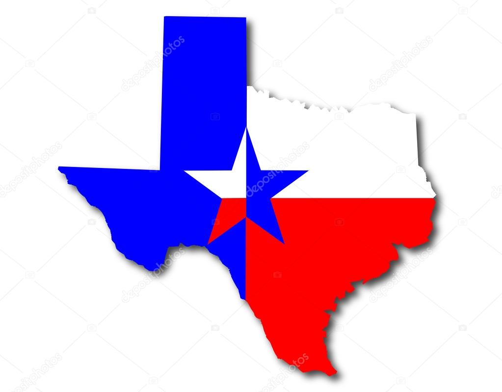 Outline map of Texas in red white and blue with the lone star motif