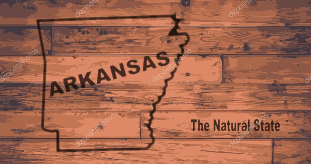 Arkansas state map brand on wooden boards with map outline and state moto