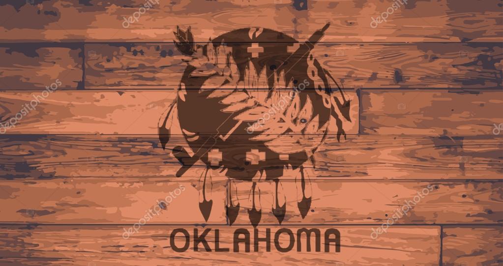 Oklahoma State Flag branded onto wooden planks