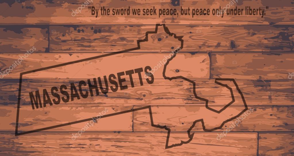Massachusetts state map brand on wooden boards with map outline and state motto