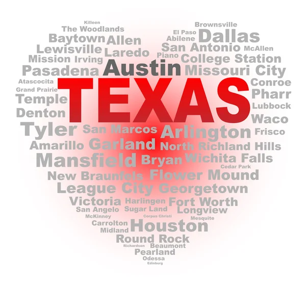 Texas srdce s názvy měst — Stockový vektor
