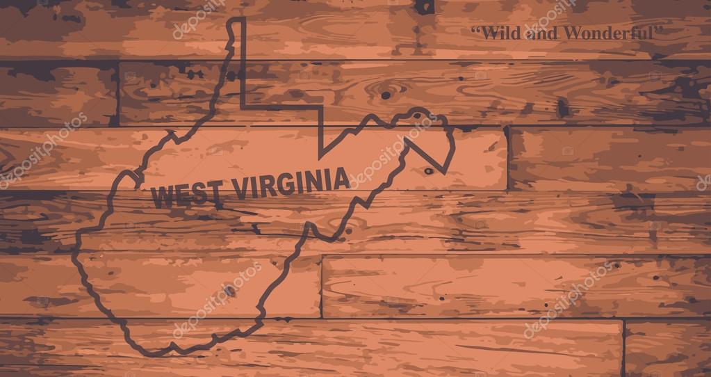 West Virginia state map brand on wooden boards with map outline and state motto