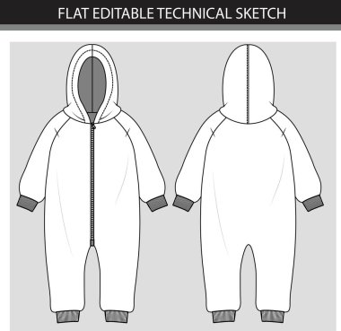 Önde, arkada, beyaz renkli kapüşonlu bebek şablonu. 