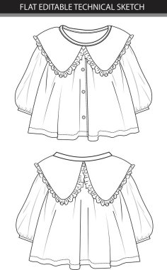 Ruffled Peter Pan Yakalı Kız için Moda Düz Çizimi.