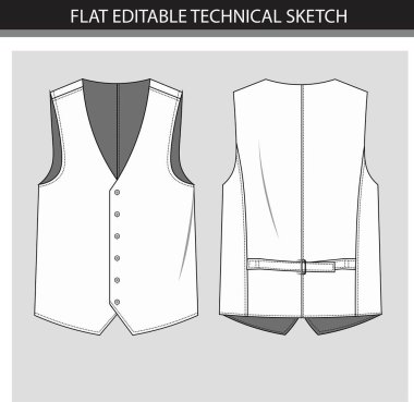 Erkek Yeleği Önü ve Arkası Görünümünün Düz Teknik Çizimi
