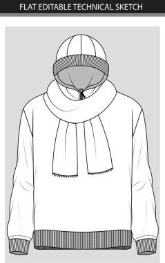 Beanie ve Eşarp ile Kış Giysisinin Düz Düzenlenebilir Teknik Çizimi