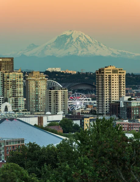 Beautiful Seattle in the Evening with Space Needle and Mt.Rainer — ストック写真
