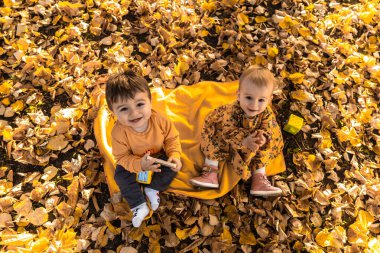 Mutlu küçük ikizler, bebek kız ve erkek bebek sonbaharda doğa yürüyüşünde gülüp oynuyorlar.