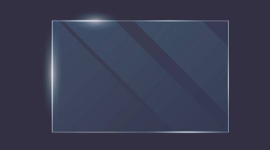 Büyük vektör plastik ve akrilik cam modeli çerçevenin kenarında parlak ışık yansıması var. Şeffaf koyu mavi arkaplan üzerinde parlak ışık efektli pencere, ekran veya plaka. 