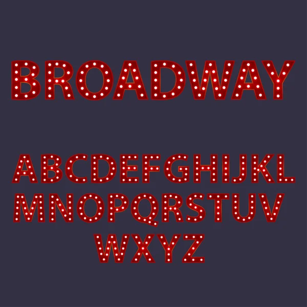 Broadway Czerwone Litery Świecącymi Żarówkami Projektowanie Wektorowych Słów Typograficznych Rodzaj — Wektor stockowy