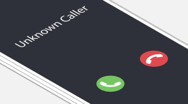 Bilinmeyen numara. İzometrik vektör çizimi. İki simgeye bağlı beyaz akıllı telefon arayüzü bir çağrıyı kabul et veya reddet
