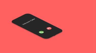 Bilinmeyen numara. Kırmızı arka planda kimliği belirsiz biri olan Isome akıllı telefonu. Yeşil ve kırmızı çağrı cevaplama simgesi
