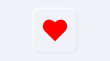 Kırmızı kalp şeklinde parlak beyaz eğimli kare düğme. Arka plandaki internet sembolü gibi. Neumorfik etki simgesi. Modaya uygun yumuşak 3 boyutlu aşk figürü