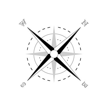 Vektör deniz pusulası silueti. Navigasyon haritası işareti. Rüzgar gül ikonu. Ufuk kenarları: Kuzey güney batı doğu