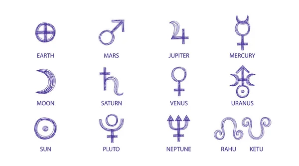 Sonnenplaneten Zeichen Handgezeichnet Mit Blauem Stift Vektor Astrologische Planetensymbole Gesetzt — Stockvektor