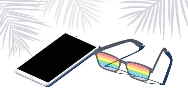 Een Regenboog Zonnebril Smartphone Bril Schaduw Van Palmbomen Vakantie Isometrische — Stockvector