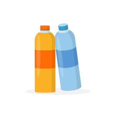 Mavi ve sarı renkli iki plastik şişenin vektör simgesi. Etiket ve kapaklı şişe.