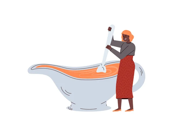 Vector illustration of tiny female chef cooking traditional dish for thanksgiving — Stock Illustration Vector illustration of tiny female chef cooking traditional dish for thanksgiving Vector Graphics