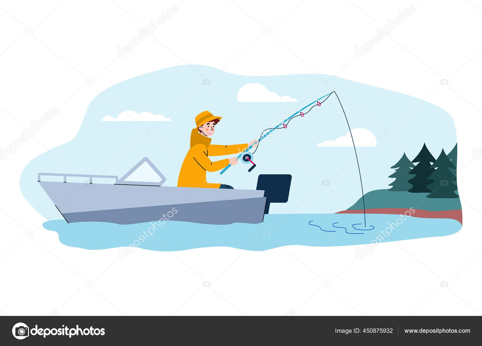 Anak Muda Memancing Dari Perahu Dengan Batang Ikan