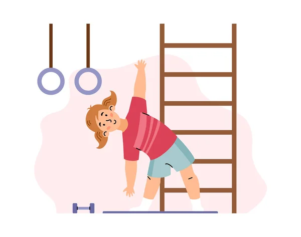 Girl does sport exercises with gym equipment, flat vector illustration isolated.