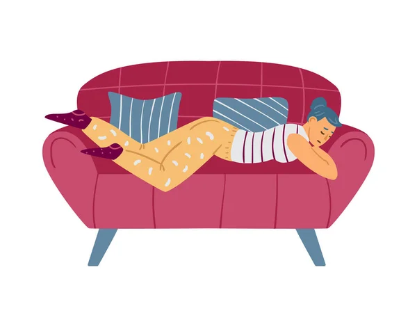 Lazy woman napping on couch unwilling to work, flat vector illustration isolated. — Stock Illustration Lazy woman napping on couch unwilling to work, flat vector illustration isolated. Stock Illustration
