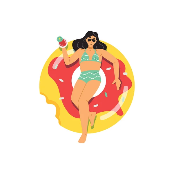 Woman with cocktail floating on lifebuoy, flat vector illustration isolated.