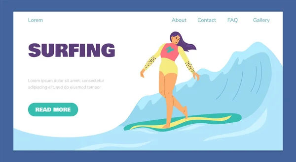 Surfing water sport web banner with woman surfer flat vector illustration.