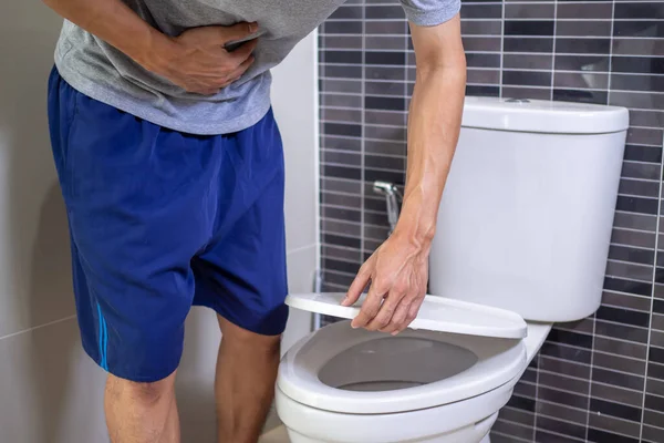 Man Uses His Hand Grasp His Stomach Abdominal Pain Men — Stock Photo, Image