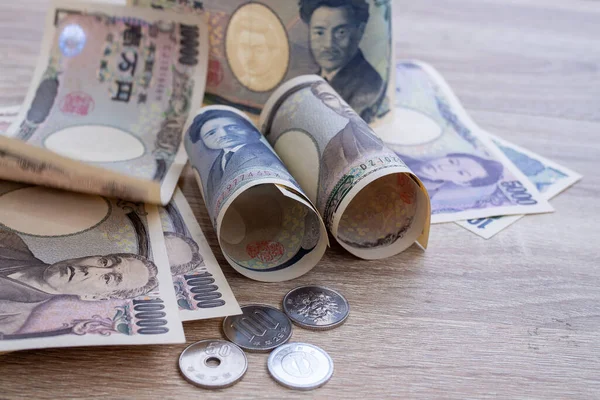 Konsep Uang Yen Jepang Tutup Dari Yen Jepang Atas Meja — Stok Foto