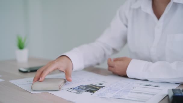 Female Employee Opens Wallet Check Spending Money End Month Woman — Vídeos de Stock