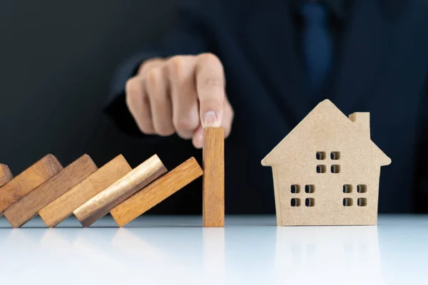 Insurance Hands Protect House Wooden Domino Block Fall House Home — Stock Photo, Image